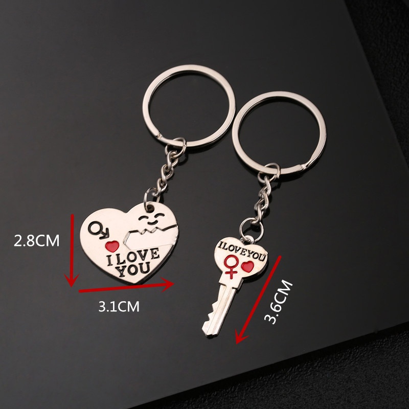 Aksesoris: Set 2Pcs Gantungan Kunci Pasangan Bentuk Hati+Kunci Tulisan 'I Love You' , Warna Silver produk baru mode