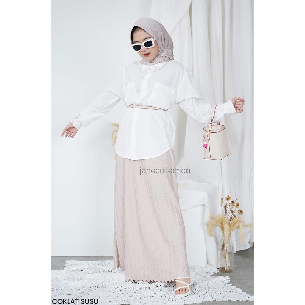 JANE COLLECTION || Maxi Skirt Bawahan Rok Hitam Hijab Muslim Mayung Hyget Plisket Motif Padi A Line [ Hitam Kuning Mustard Milo Mocca Dark Grey Abu Tua ] - Ishana Skirt