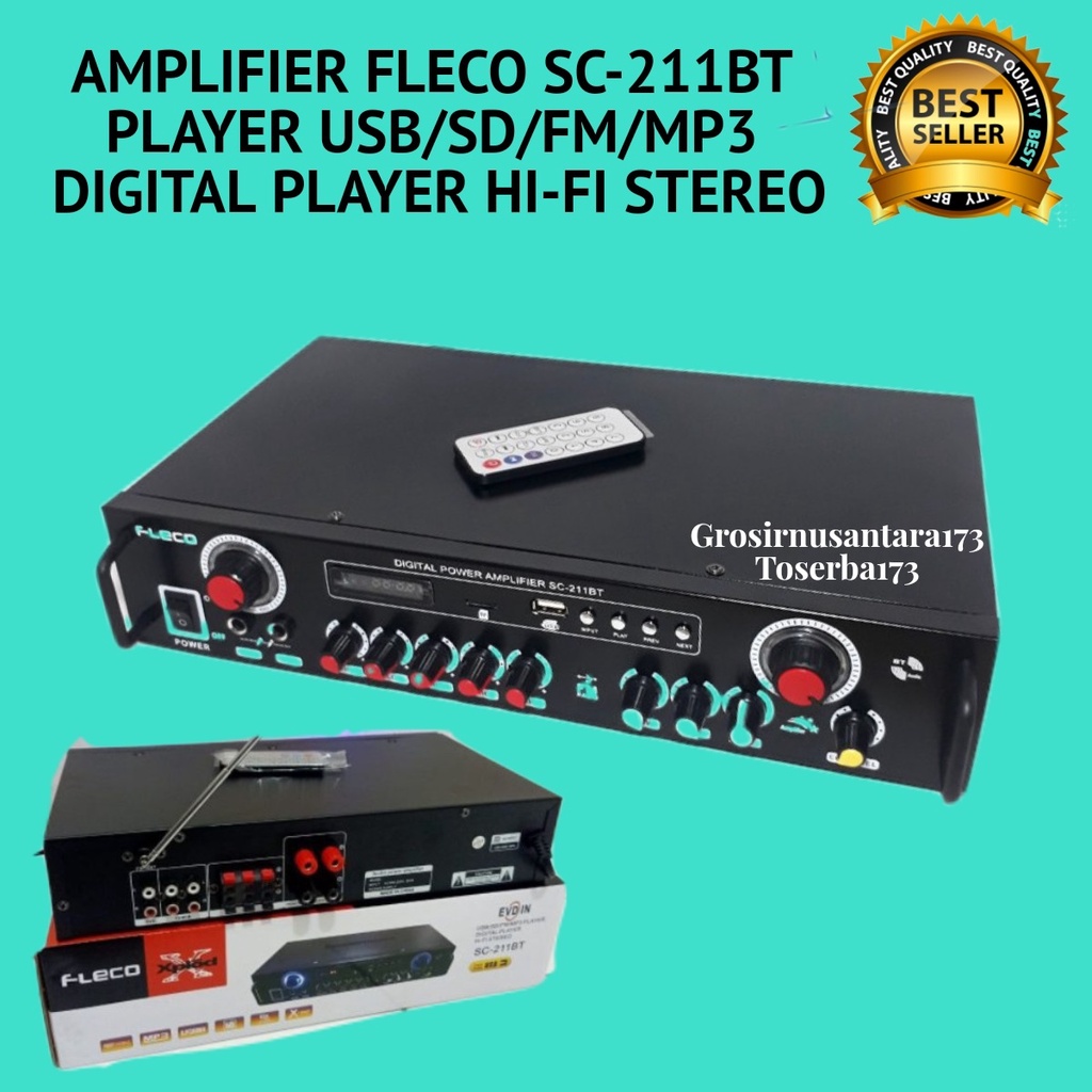 Amplifier Fleco SC-211BT Player BT/USB/SD/FM/MP3 Digital Player Hi-Fi Stereo - Ampli Karaoke Bluetooth - Audio Amplifier