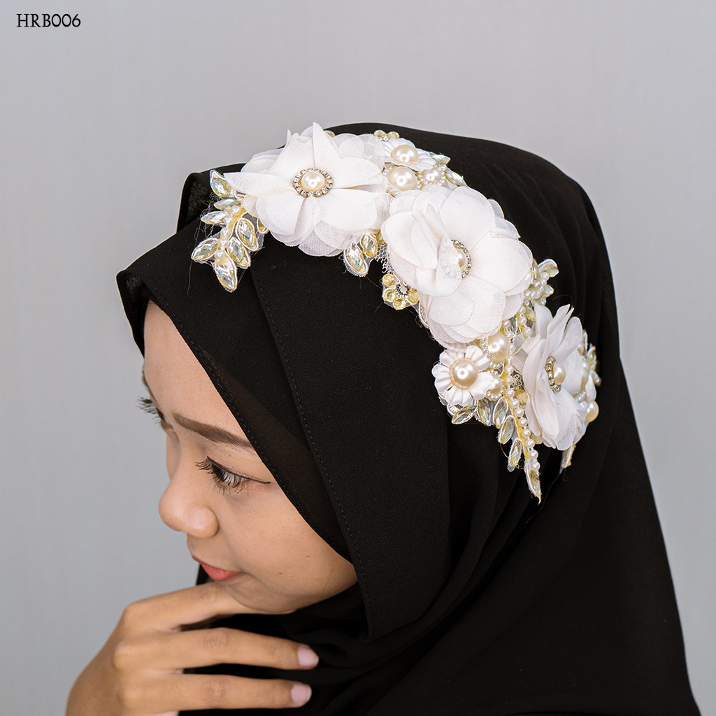 [PRODUK FAVORIT] HEADPIECE AKSESORIS HIJAB MOTIF BUNGA PUTIH GOLD HRB006