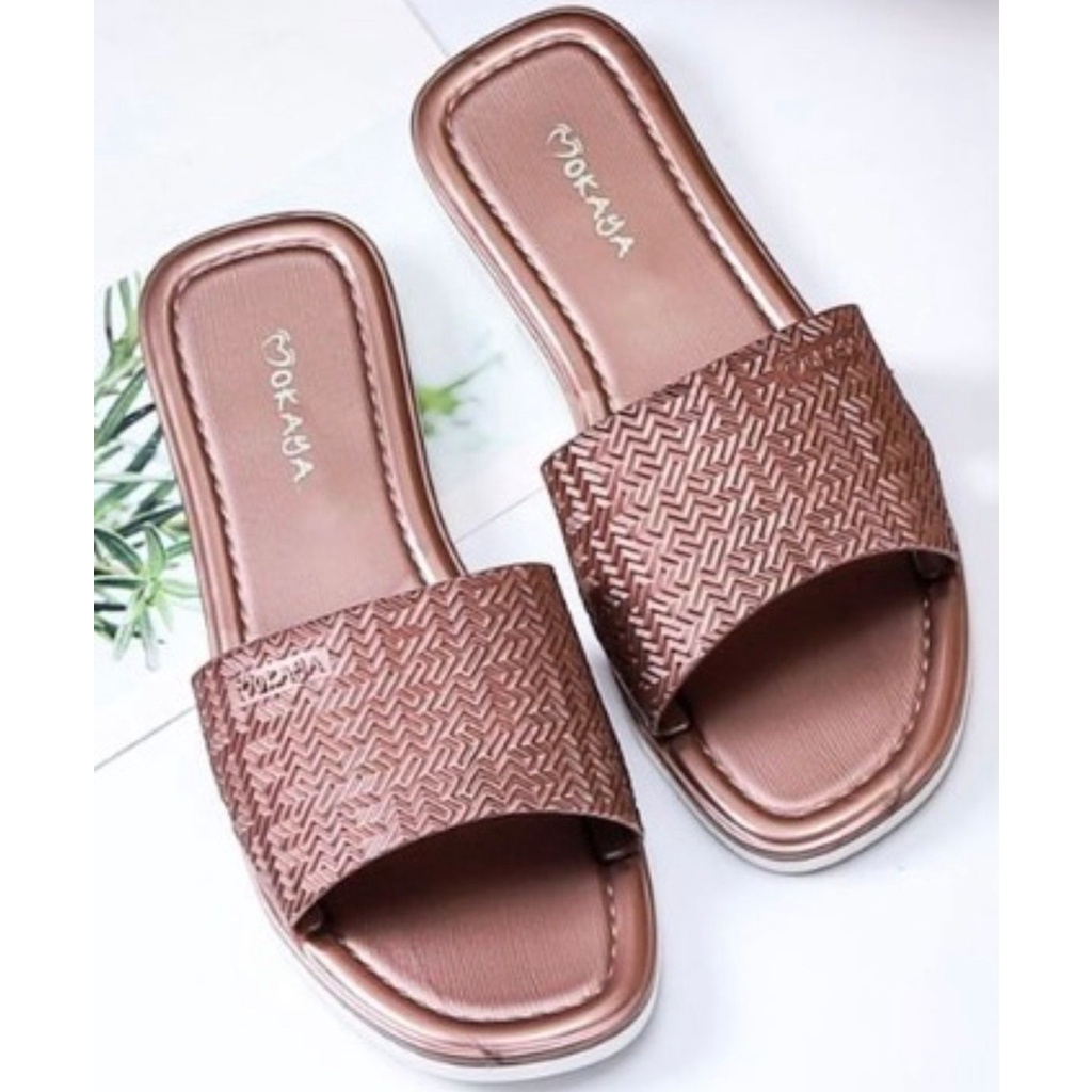 Sandal Slop Jelly Wanita Ban Motif FF 3D Super Mewah Cantik Elegant Import Mokaya / Size 37-41 (8856-90)-COKELAT TUA