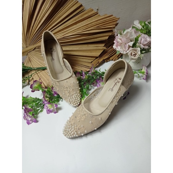 sepatu maida cream mutiara cantik 7cm kaca