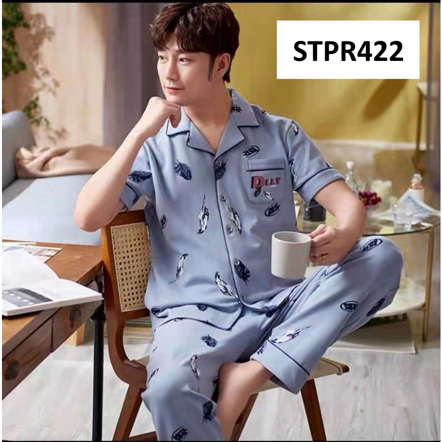 Piyama Pria Setelan Piyama Laki Lengan Pendek Celana Panjang model Kancing Depan