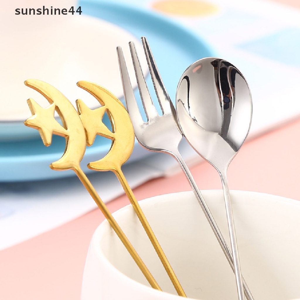 Sunshine Sendok + Garpu Bahan Stainless Steel Motif Bulan + Bintang Untuk Dekorasi Ramadhan