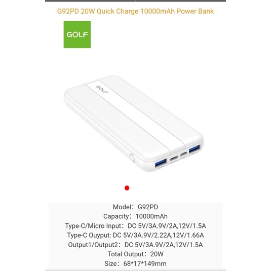 New Golf Powerbank Termurah G92 PD + QC 10.000MAH 20w Quick Charger 2USB 2OUTPUT