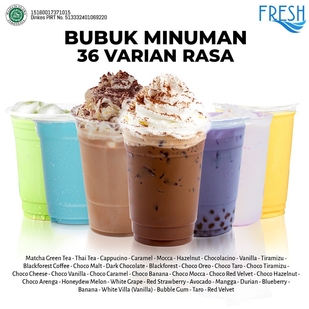 

BUBUK MINUMAN RASA ALL VARIAN TARO, RED VELVET, COKLAT, KOPI LENGKAP SERBAGUNA MURAH 500 GR