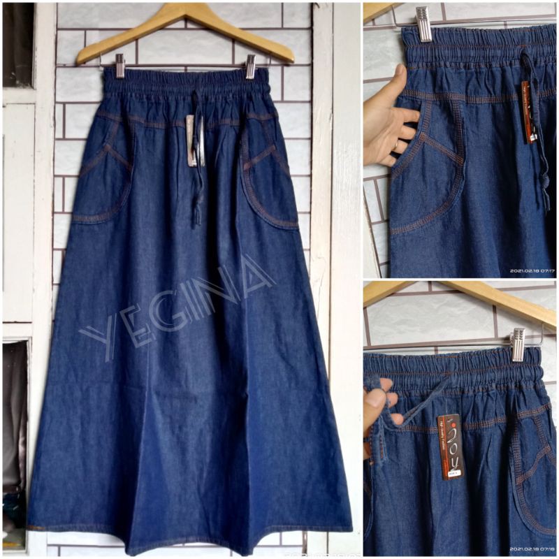 Rok jeans panjang polos wanita dewasa model A pinggang karet