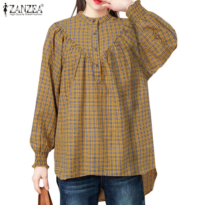 ZANZEA Women Long Sleeve Elastic Cuffs Fashion Grid Printed Casual Blouse