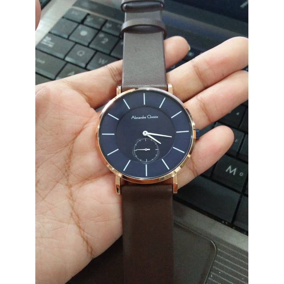 JUAL JAM TANGAN ASLI   ALEXANDRE CHRISTIE AC 8484 PRIA ROSEGOLD BLUE LEATHER BROWN ORIGINAL   I