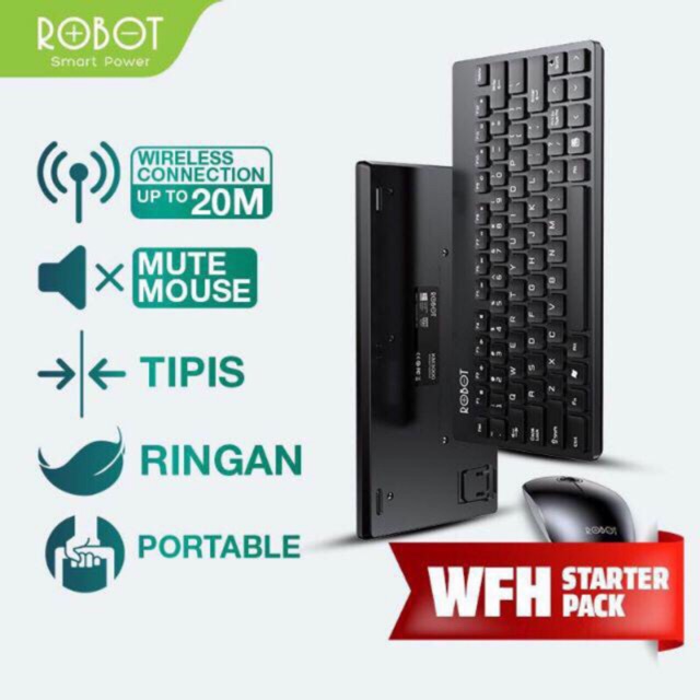 Keyboard Wireless Robot KM3000 Led Hitam Combo Mouse Usb Mini Series for Pc Laptop Original Black
