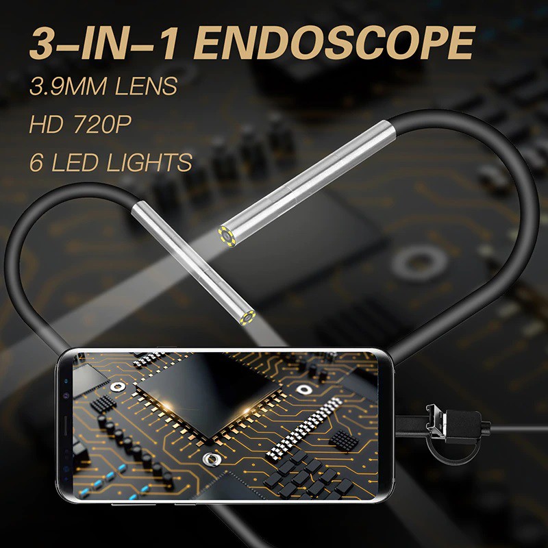 Soft Wire 3 in 1 720P Endoscope - 3.9mm Lens and IP67 Waterproof - 1M