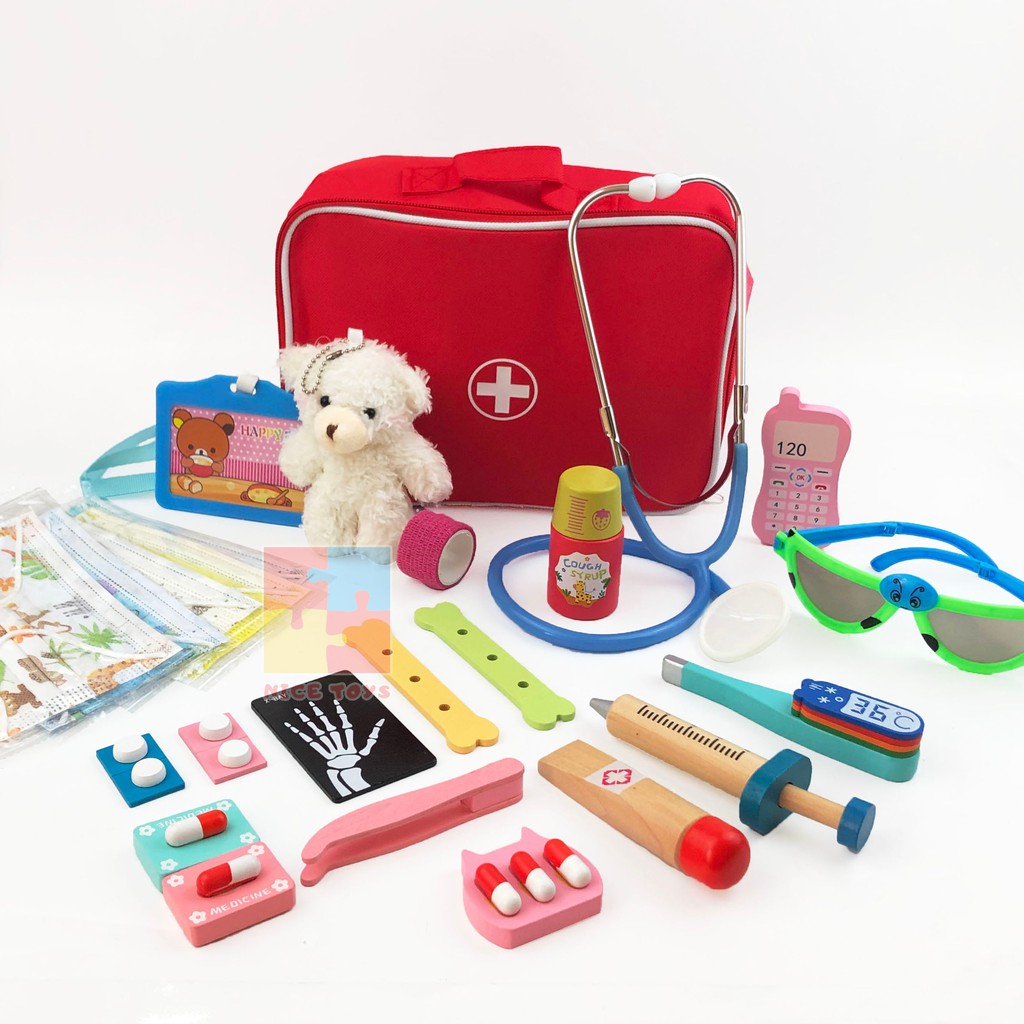 Lechang Interesting Wodden Doctor and Dentist Bag Set Dokter Dokteran Mainan Anak Lengkap Mainan Dokter Set Wooden Toys Mainan Kayu Mainan Dokter Gigi Anak