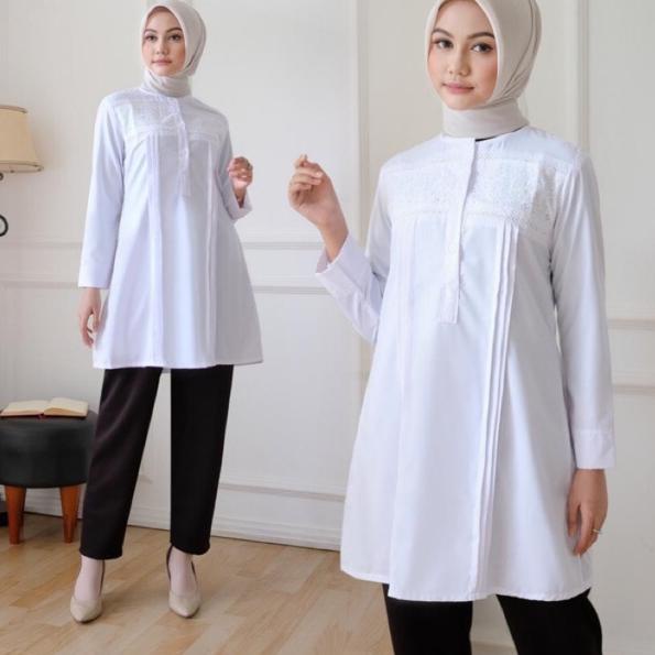 Langsung Kirim tunik putih muslim atasan tunik baju tunik putih atasan tunik putih wanita fashion ju