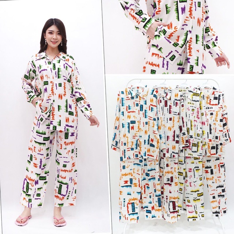 one set setelan celana lengan panjang/pendek kancing/resleting depan busui