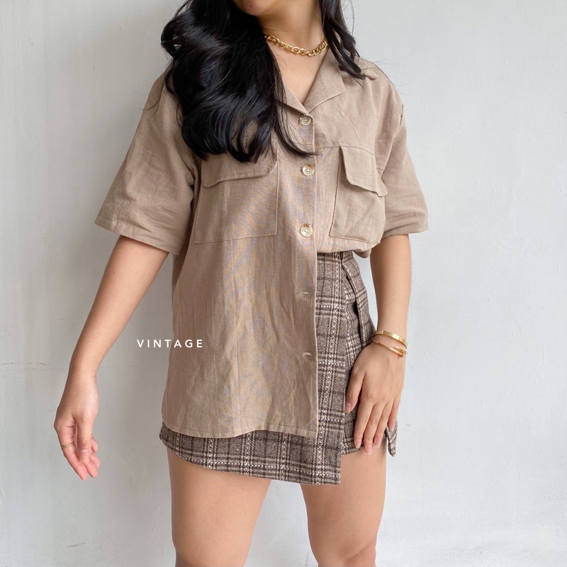 KEMEJA WANITA CASUAL POCKET TOP KEMEJA WANITA POLOS BASIC MURAH-Nude