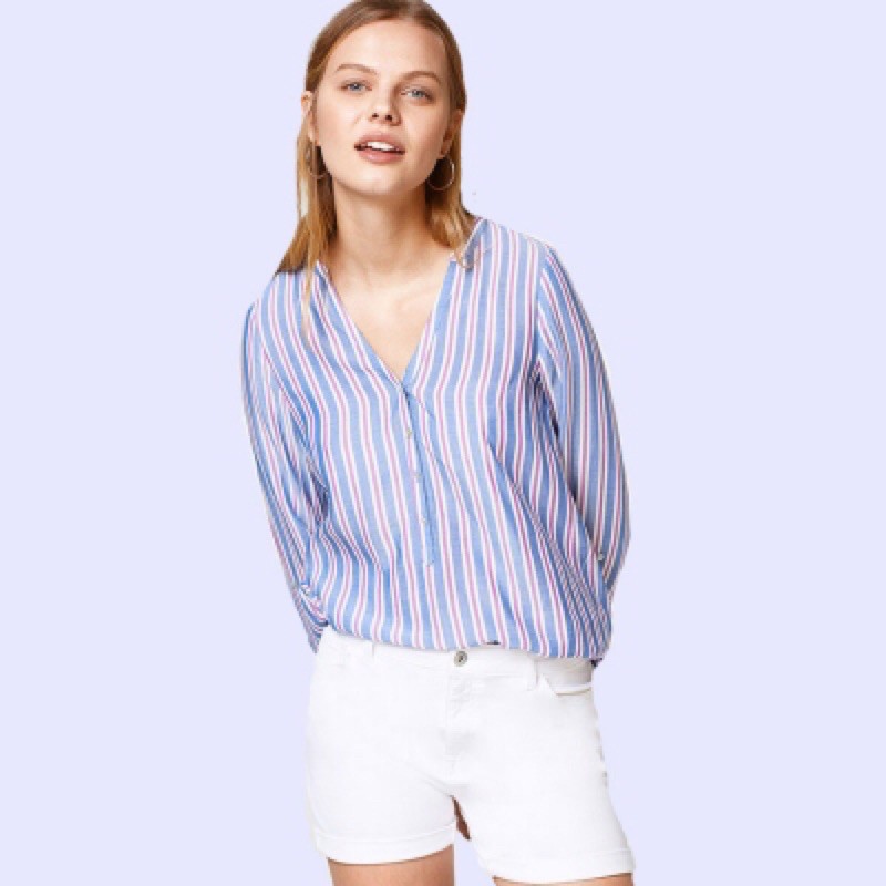 Henley Shirt StripeBlue - Blouse Wanita Lengan Panjang Branded