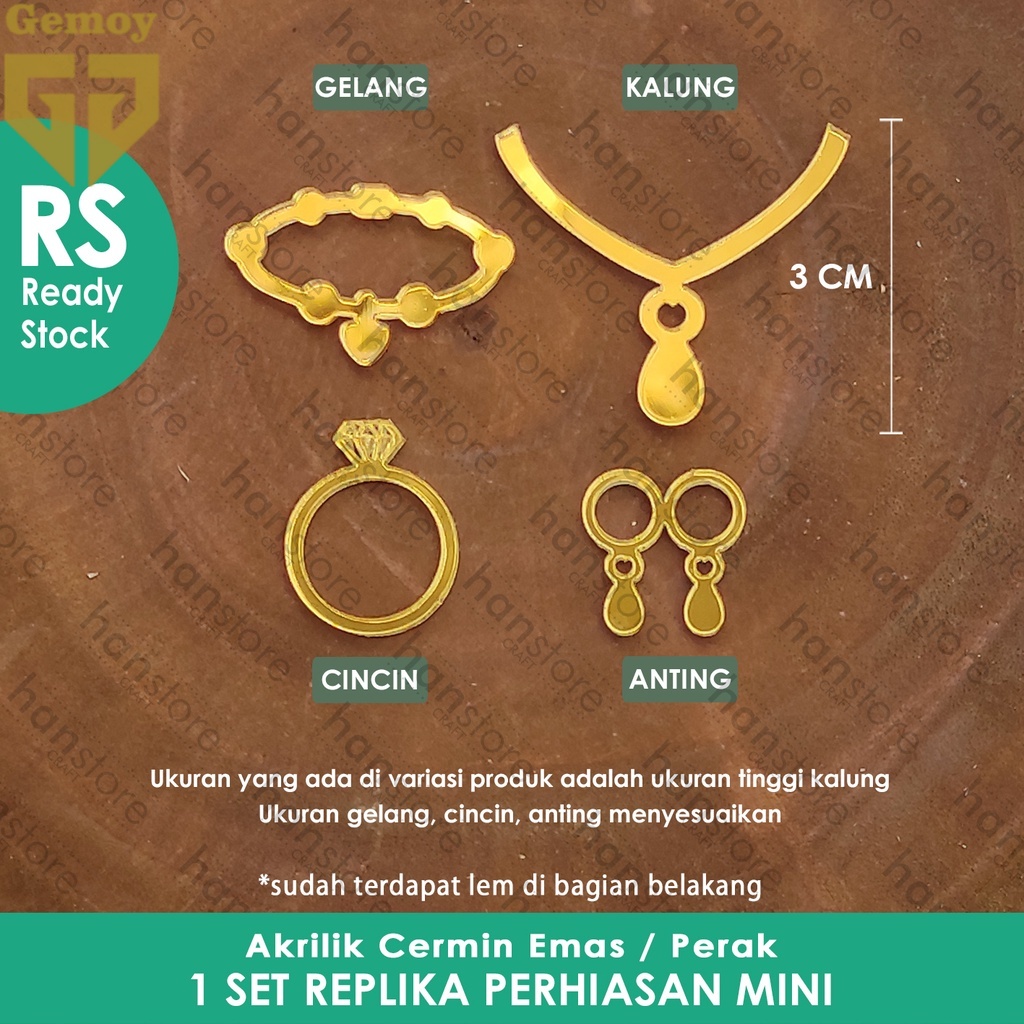 RS 1 Set Replika Perhiasan Mini Akrilik Cermin Emas / Perak / Dekorasi / Mahar / Seserahan