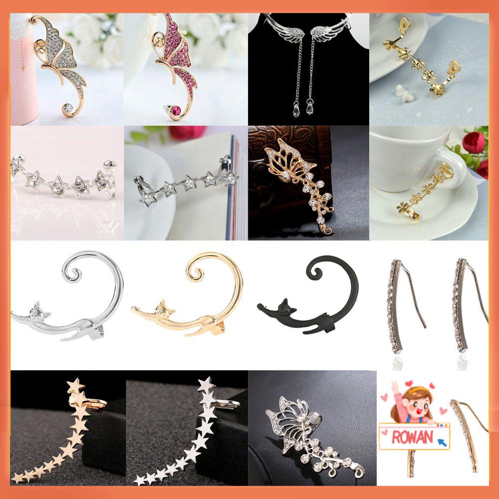 ROW 1PC/1 Pair Hot Clip Ear Cuff Stud Fashion Jewelry  Crystal Ear Stud Butterfly Clip Earrings Gift Wrap Cartilage Punk Diamond-studded Bling Bling Women Girl Cat Flower Star Shape