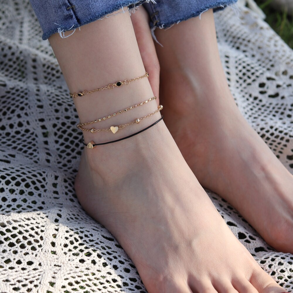 4pcs Gelang Kaki Rantai Multi Layer Bentuk Hati Warna Emas Untuk Wanita