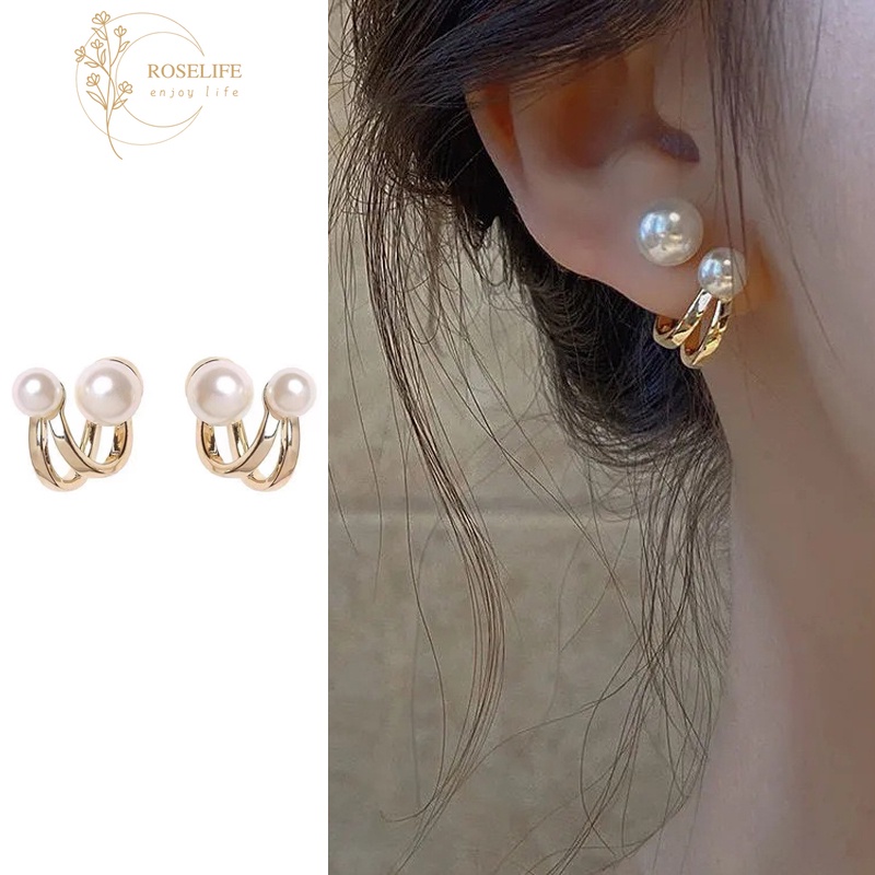 Roselife 1 Pasang Anting Tusuk Gantung Wanita Sterling Silver 925 Desain Lilit Hias Mutiara Gaya Vintage Untuk Pesta