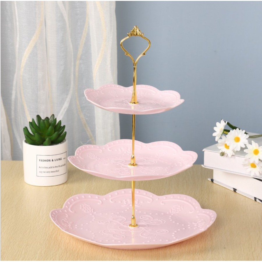 Three Tier Dessert Tray / Tempat Kue Buah Biskuit 3 Tingkat Bulat Segi / Dekorasi / Pesta