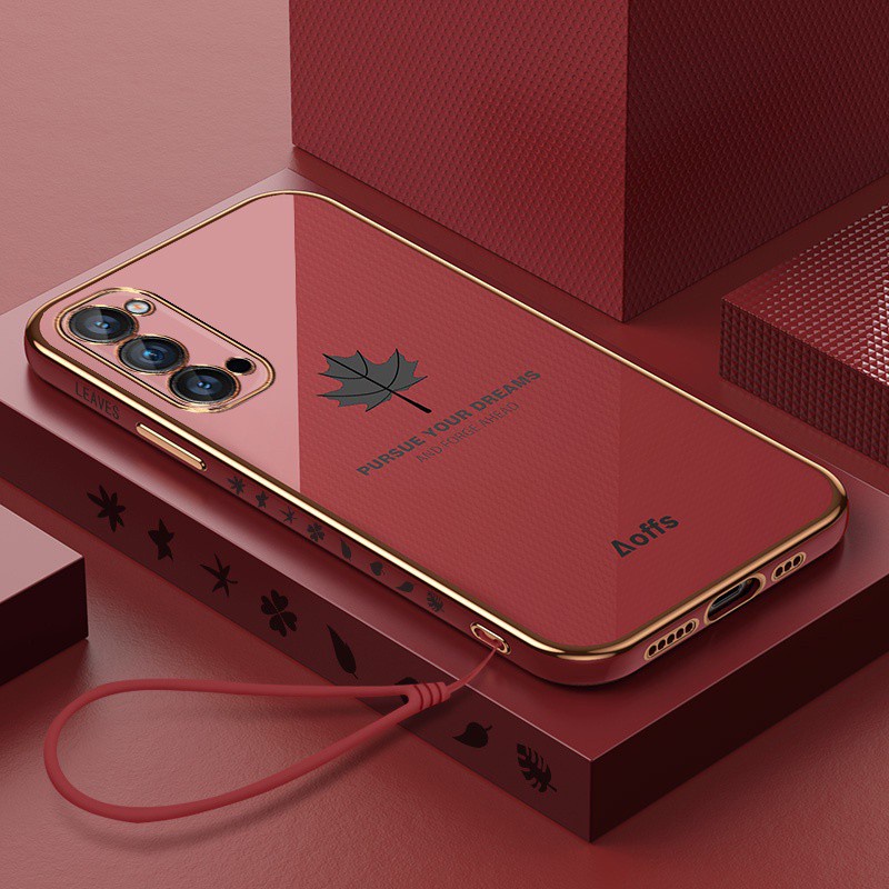 【Lanyard】Ultra-thin plating Case VIVO S1 PRO Y20S Y12 Y19 Y11 Y12S Y20i Y20 Y50 Y30 Y17 Y15 Y93 Y91C Luxury Maple Leaf Square Liquid Cover-red
