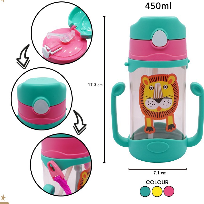 H095 Botol Air Minum Anak Clip On Motif Hewan 450ml - Botol Air Minum