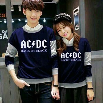 Kaos Couple ACDC Navy lengan panjang Baju Pasangan Dongker Abu Kasual spandex Korea Style kasual