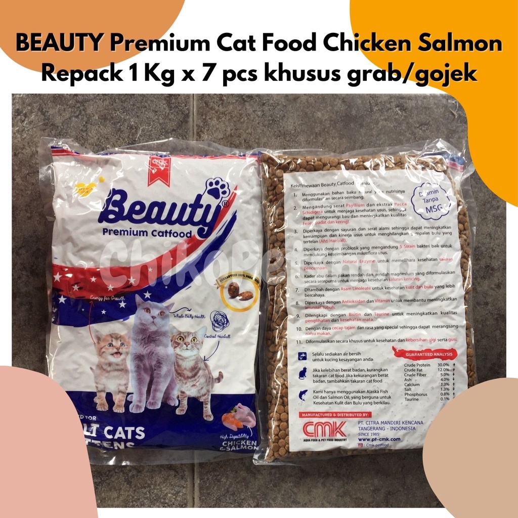 Makanan Kucing Beauty Premium Cat Food Chiken Salmon 1kg x 7 pcs