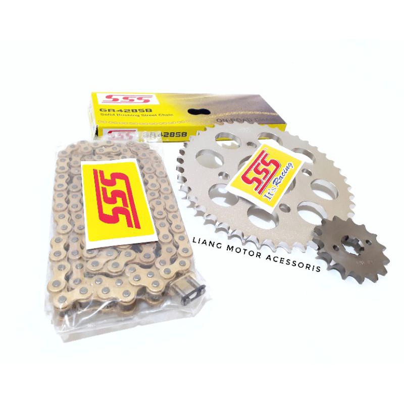 Gear Set SSS 428 Rantai SSS Tipe SB Gold - Smash Shogun Titan Axelo Satria 2 Tak Hiu Lumba RC 100 SP