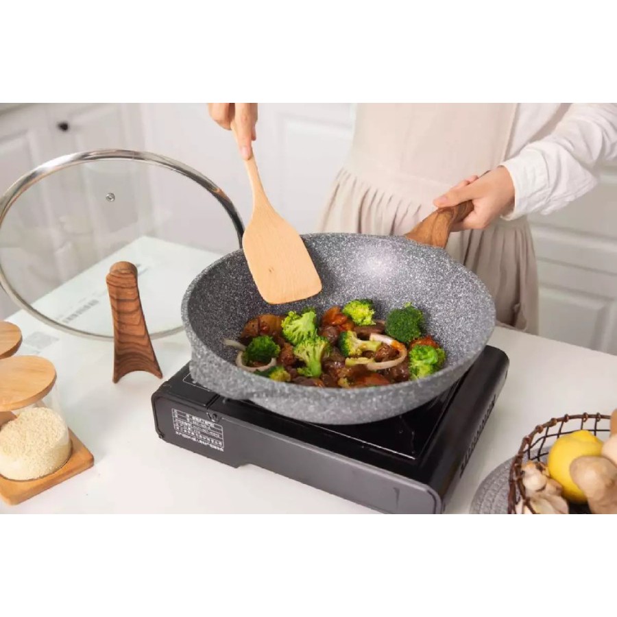 Wok Granite 30cm UAKEEN Wajan Premium Kuali Panci Tutup Kaca VK-169