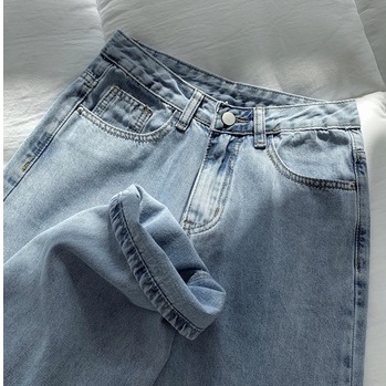 Highwaist Celana Jeans Wanita Straight Loose Krem/Biru/Hitam