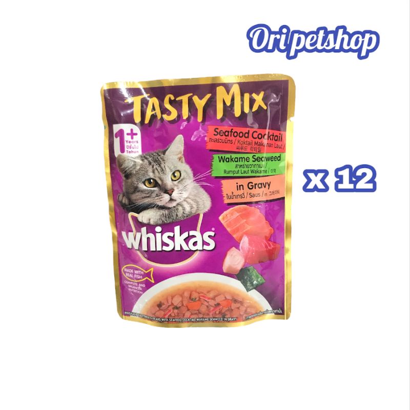 (12pcs) Whiskas Tasty Mix Pouch Sachet 70gr - Seafood Cocktail Wekame Seaweed in Gravy