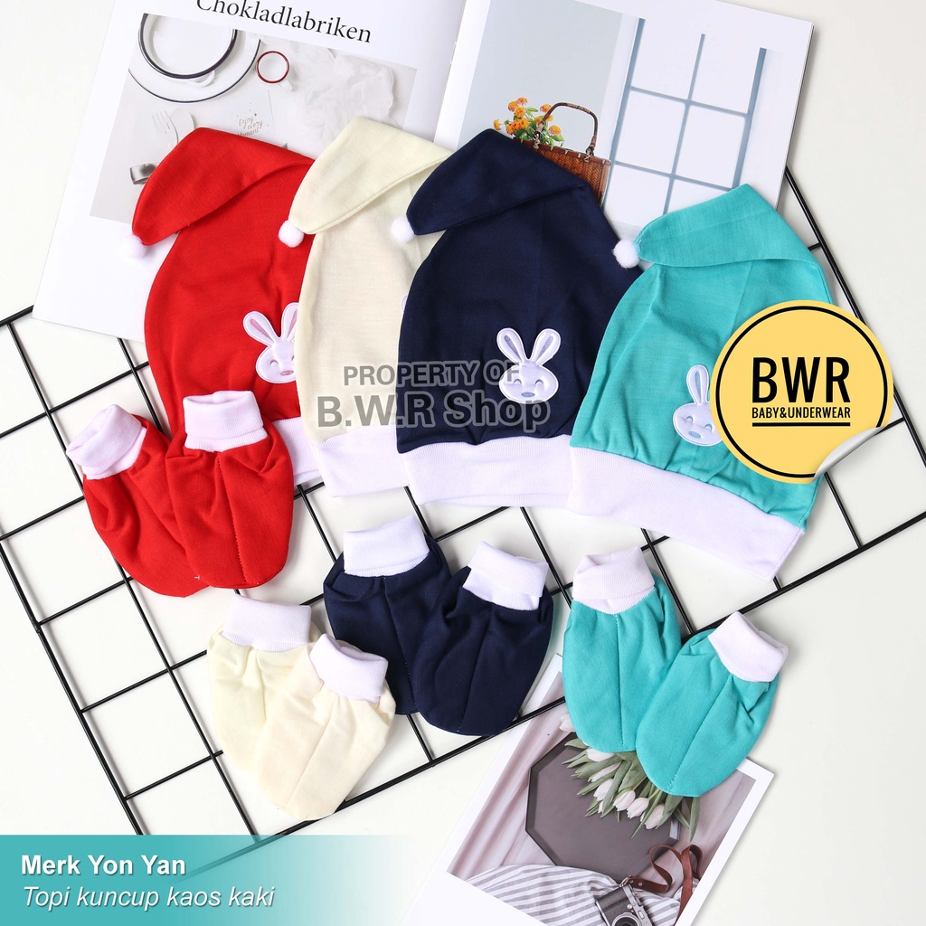 Topi Set Kaos Kaki YONYAN Rabbit | 0-6 M Topi Bayi Newborn / Topi Anak Cewek Cowok Yon Yan - Bwr IX