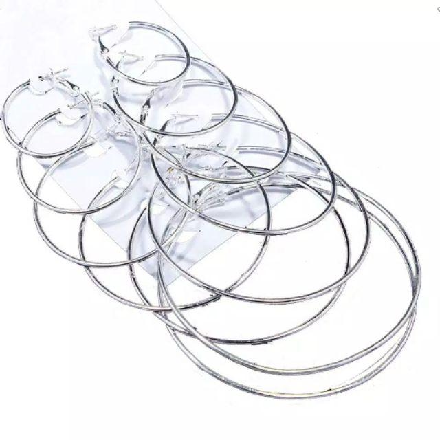 Anting Bulat Hoops 1 Set - Anting Wanita Tusuk Ukuran Kecil Besar-Silver