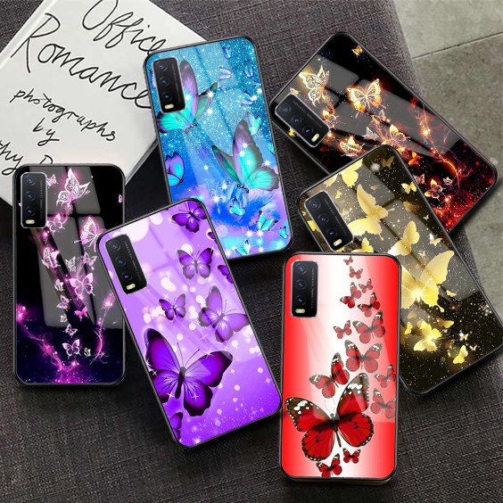 Softcase Glass Kaca Vivo Y20/Y12s/Y20s Butterfly Terbaru[IC-100] case handphone-pelindung handphone