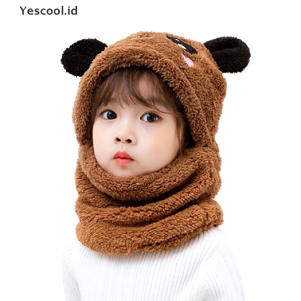 (Yescool) Topi Kupluk + Syal Anak Laki-Laki / Perempuan Musim Dingin Motif Kartun Bahan Fleece