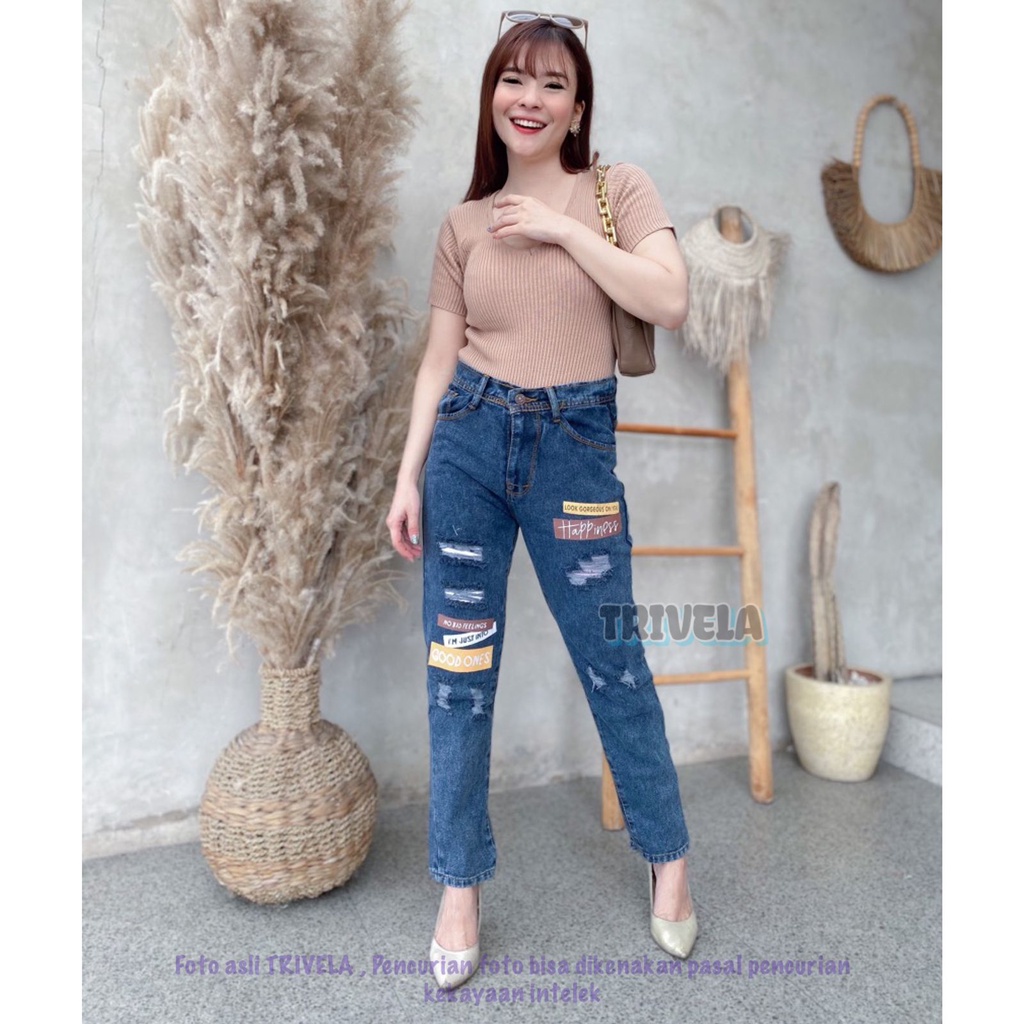 Boyfriend Jeans Happiness / Boyfriend Jeans Sobek Sablon / Boyfriend Sobek Lapis