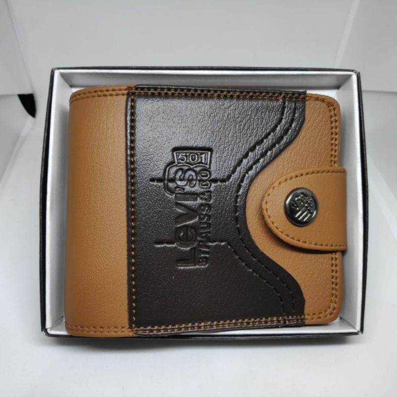 Dompet pria kombinasi terbaru kancing / Dompet kulit sintetis kombinasi /Mans wallet-Coklat hitam