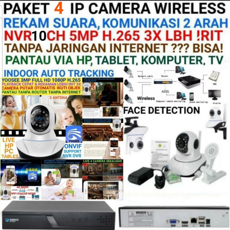 PAKET CCTV 4 pcs Ip Camera Wireless Full HD 1080P DVR NVR XMEYE 10CH 4K 5MP