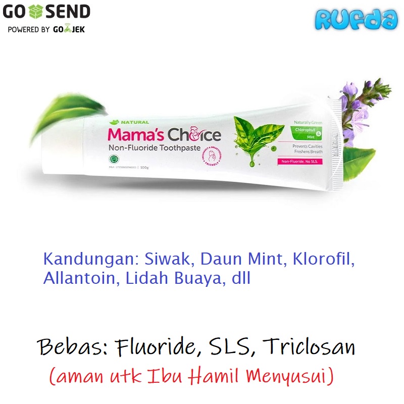 Mama's Choice Pasta Gigi Bebas Fluoride SLS Triclosan Aman Ibu Hamil dengan Manfaat Siwak Miswak Klorofil Lidah Buaya Mamas