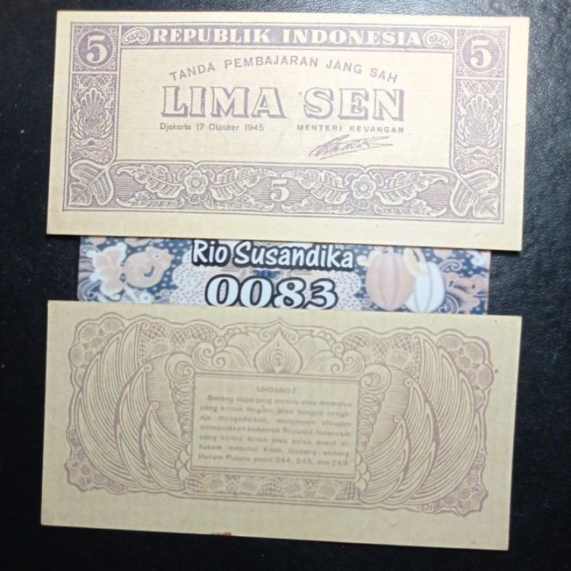 Uang Kertas Kuno Keluaran Pertama Indonesia 5 Sen ORI (Oeang Republik Indonesia) th 1945