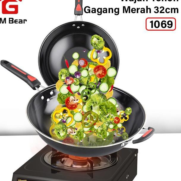 BDR GM Bear Wajan Teflon Gagang Merah 32cm 1069-Wajan Penggorengan Teflon 32cm LARIS