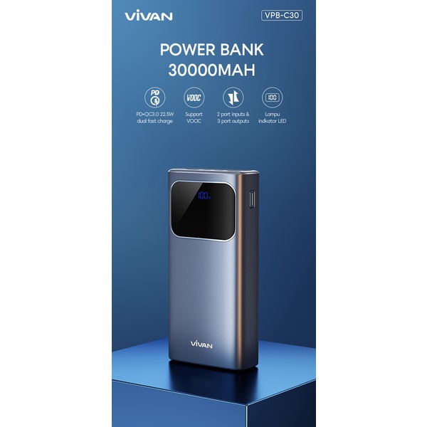 VIVAN VPB-C30 30000mAh 3 Output 22.5W PD QC Powerbank Fast Charging