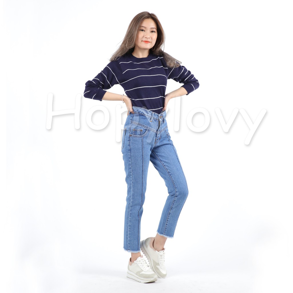 HOPYLOVY - Celana Boyfriend Jeans Wanita Model Garis Tulang Depan