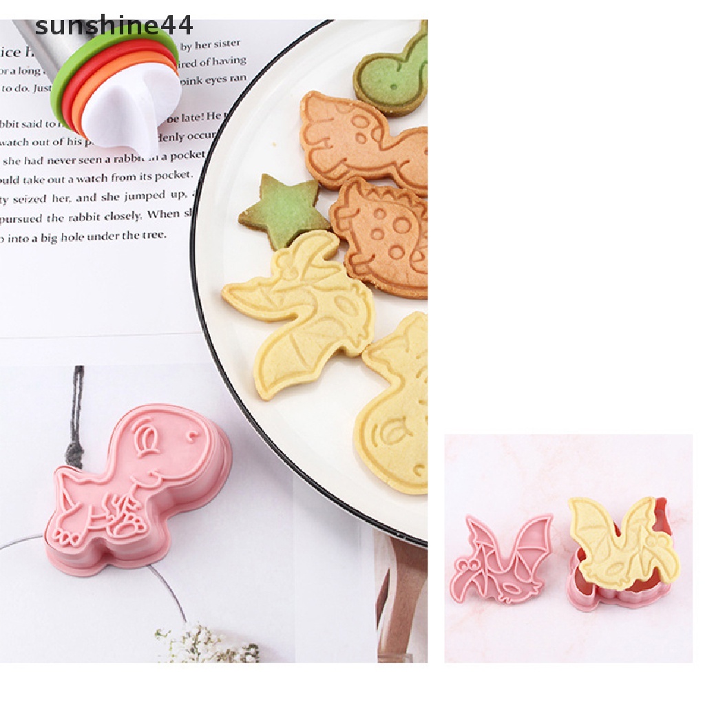 Sunshine 6Pcs / set Cetakan Pemotong Biskuit / Cookies Bentuk Dinosaurus 3D Bahan Plastik