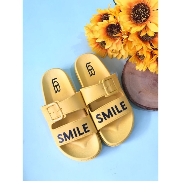 Sandal Slop Ban Dua Gesper Tulisan SMILE Import LCR V501-5-Kuning