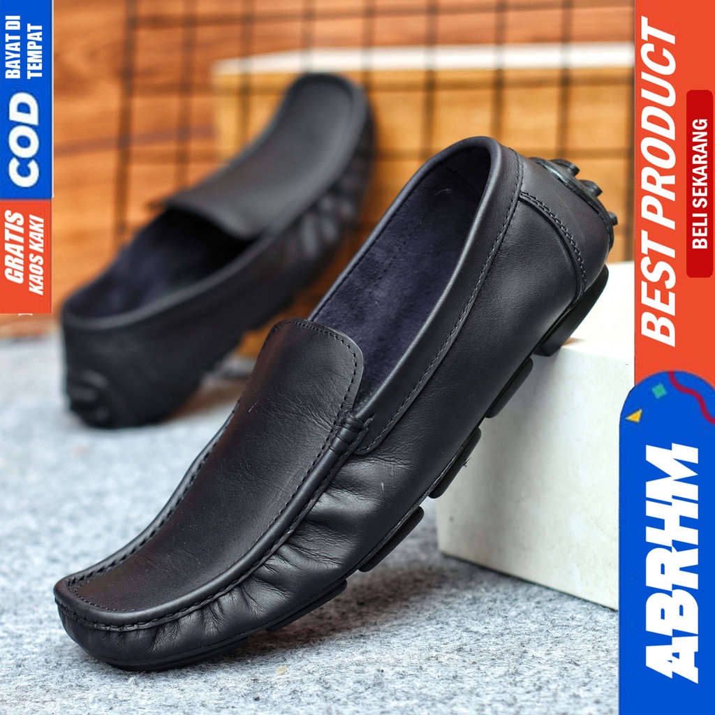 Sepatu Casual Pria Slip On Slop Selop Pansus Santai Kulit Asli Kerja Kantor Kulit Kondangan Hitam Polos Fashion shoes Terbaru Original Murah Kekinian Cowok GENIO ABRHM