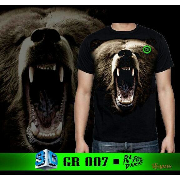 Kaos 3D Beruang Animal Glow In The Dark Tshirt Rhymes Import