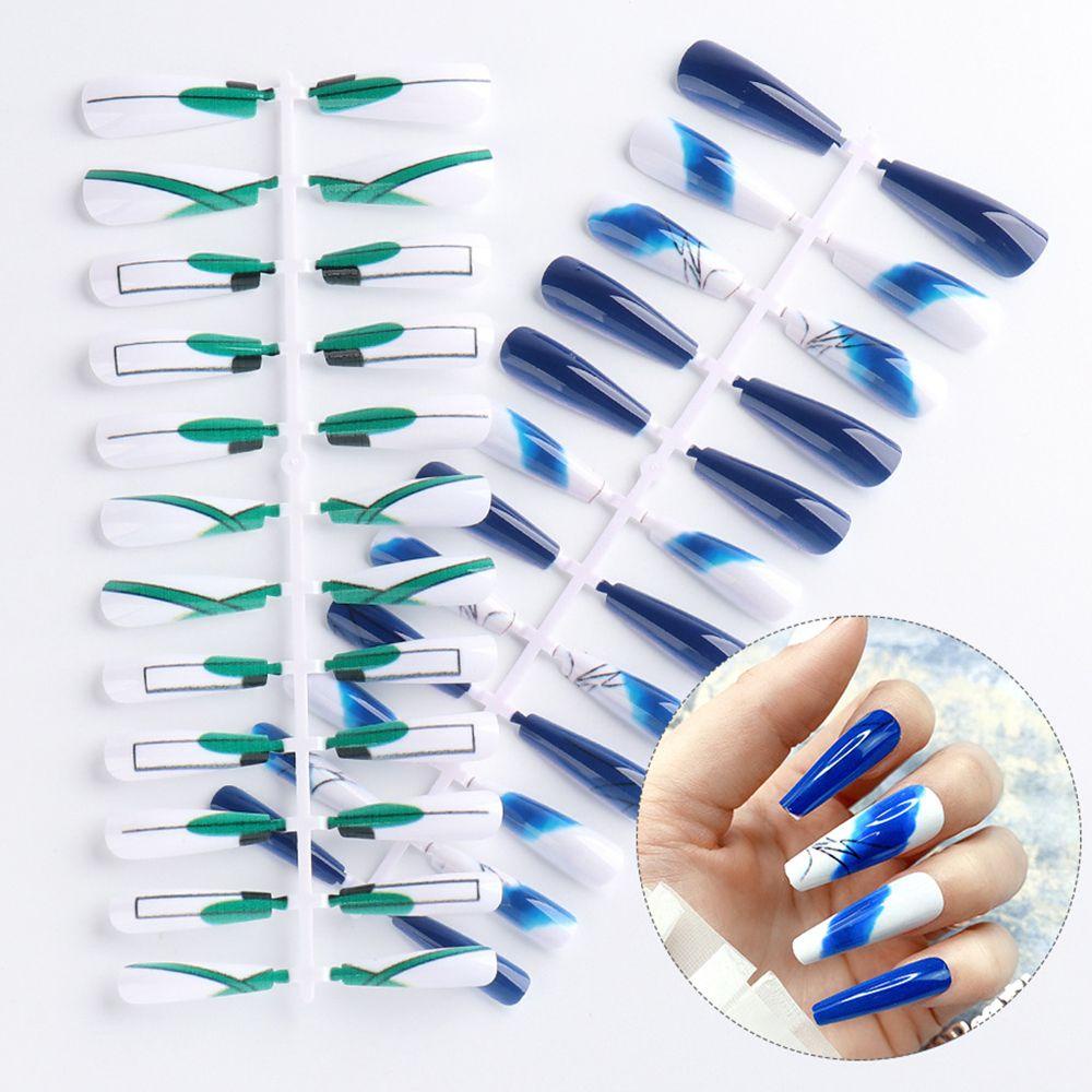 Mxbeauty Kuku Palsu Panjang DIY Pesona Manicure Tools Full Cover Peti Mati Kuku Kuku Palsu Hijau Set